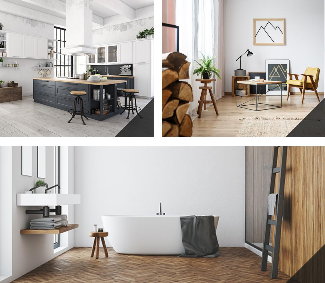 3 photographs taken in a modern home showing a kitchen, living area and bathroom.